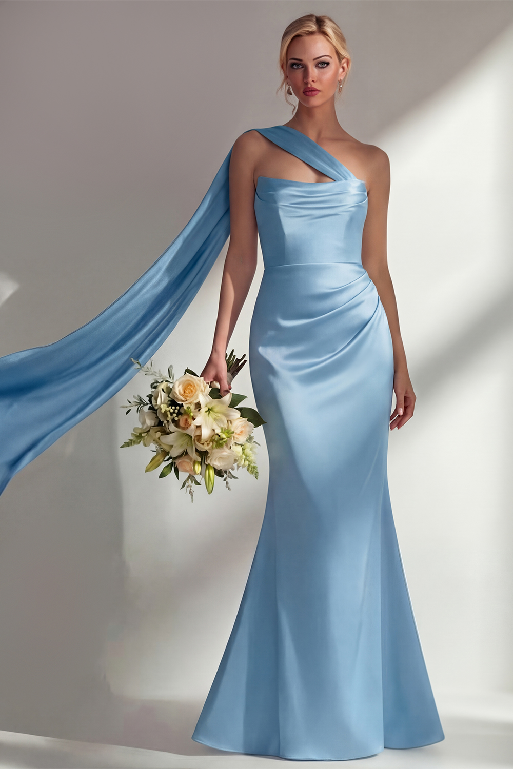 Elegant Burgundy Mermaid Neck Scarf Ruched Long Satin Prom Dress