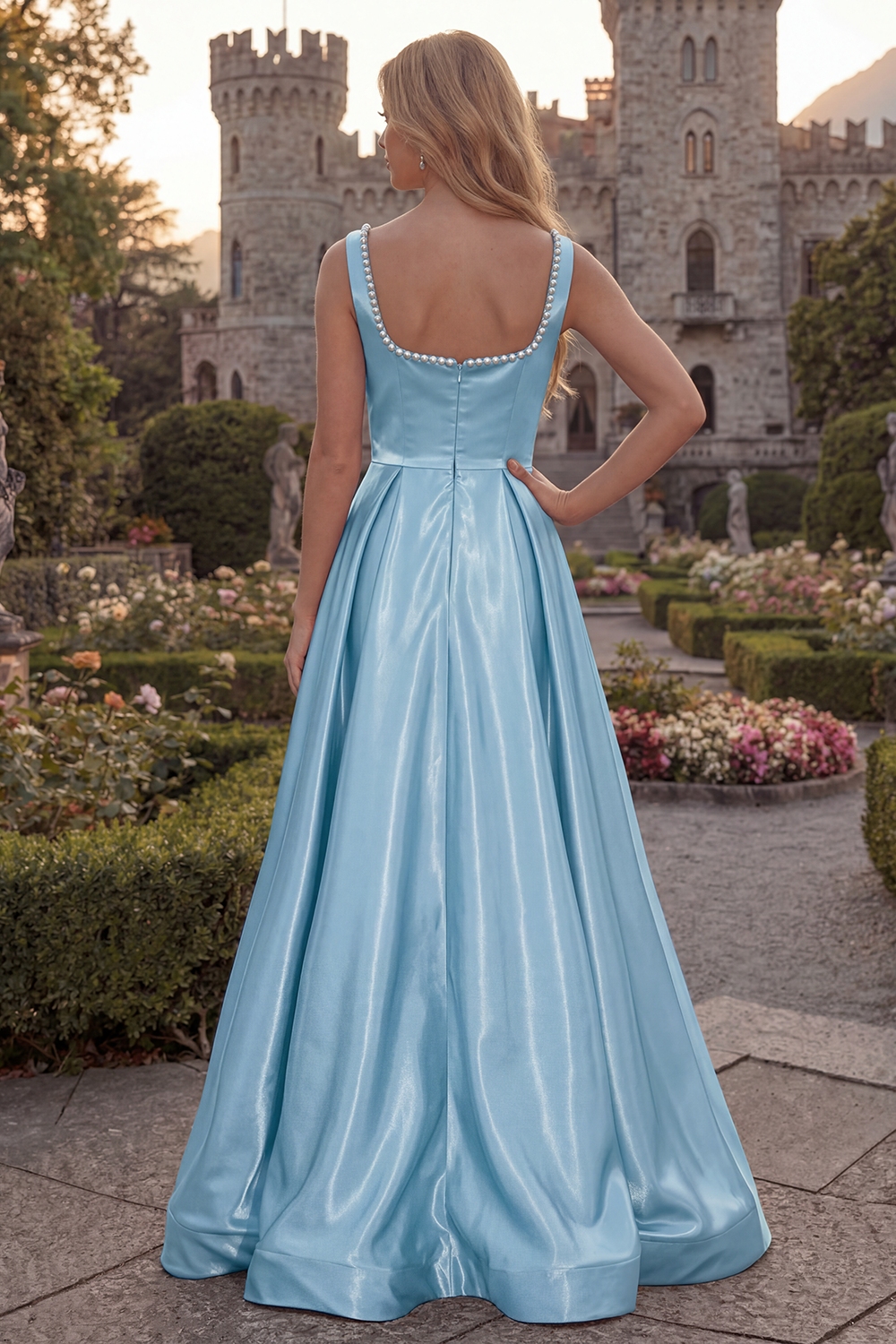 Simple Burgundy Square Neck A Line Long Prom Dress with Pearls