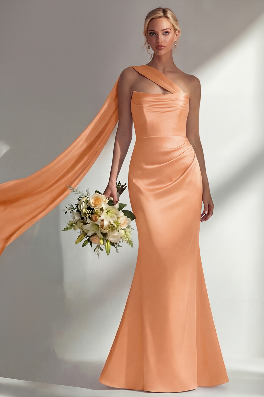 Elegant Burgundy Mermaid Neck Scarf Ruched Long Satin Prom Dress