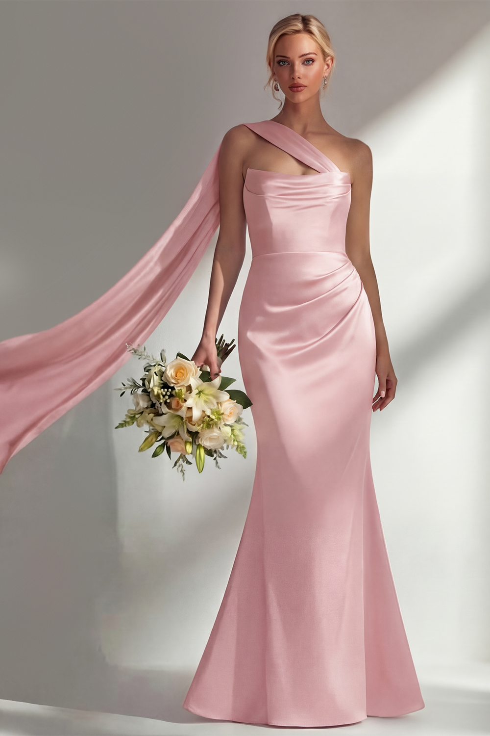 Elegant Burgundy Mermaid Neck Scarf Ruched Long Satin Prom Dress