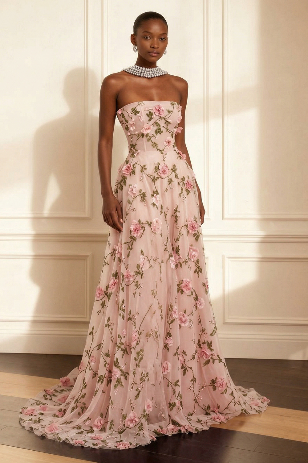 Floral Purple Strapless A Line Long Corset Prom Dress