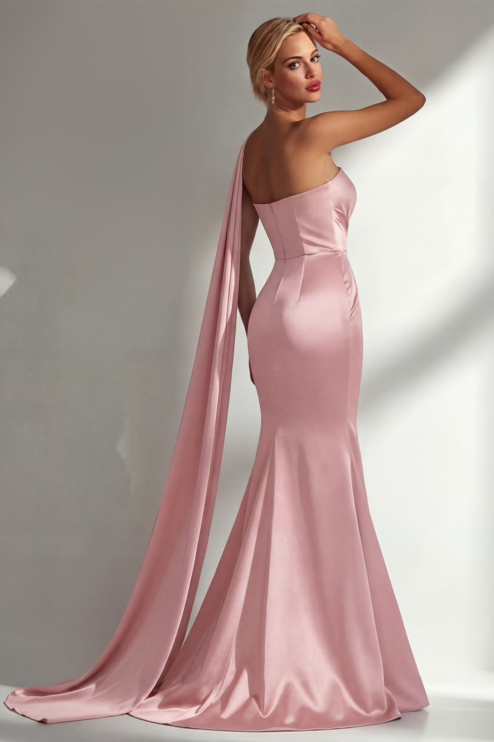 Elegant Burgundy Mermaid Neck Scarf Ruched Long Satin Prom Dress