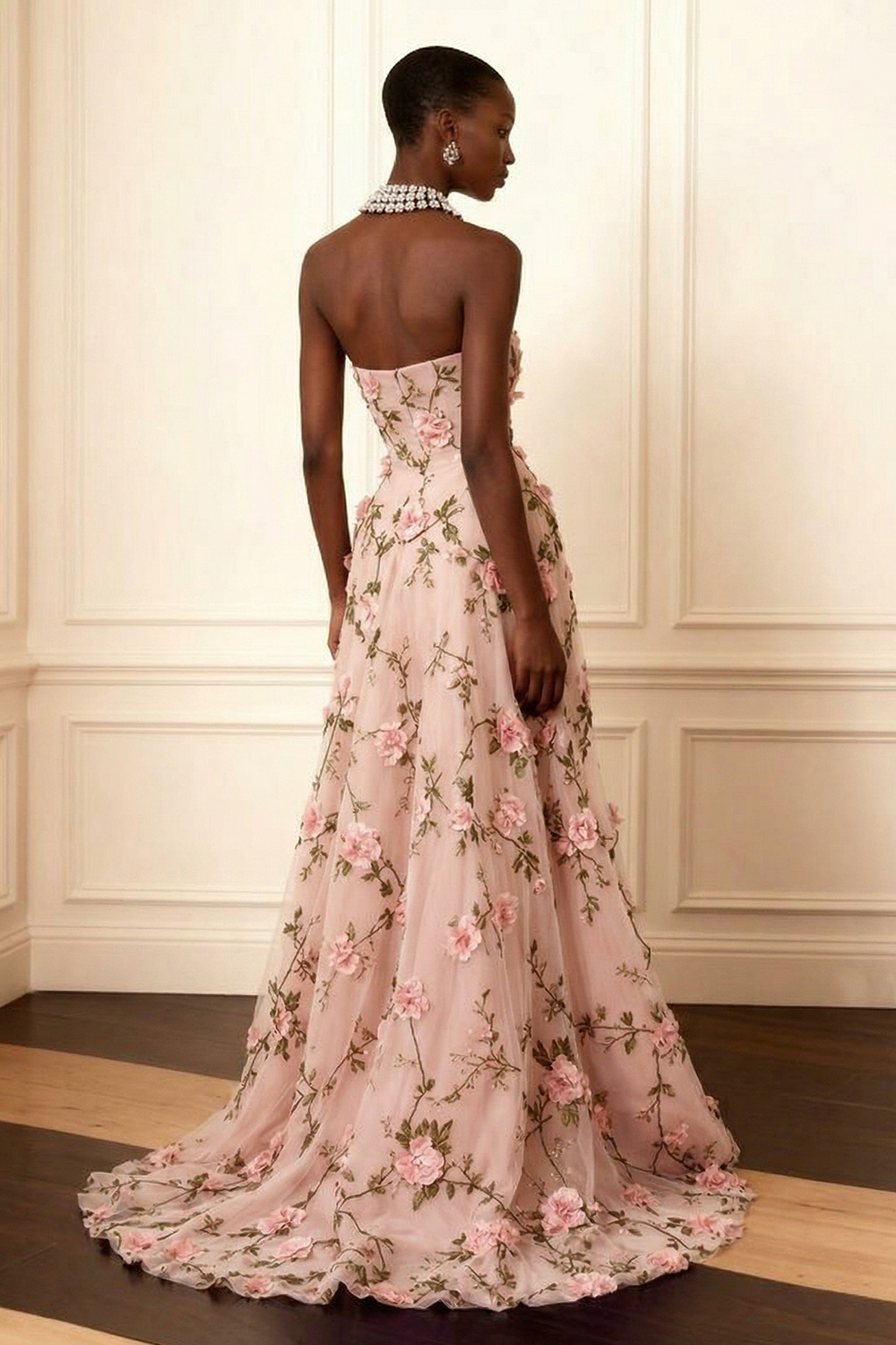 Floral Purple Strapless A Line Long Corset Prom Dress