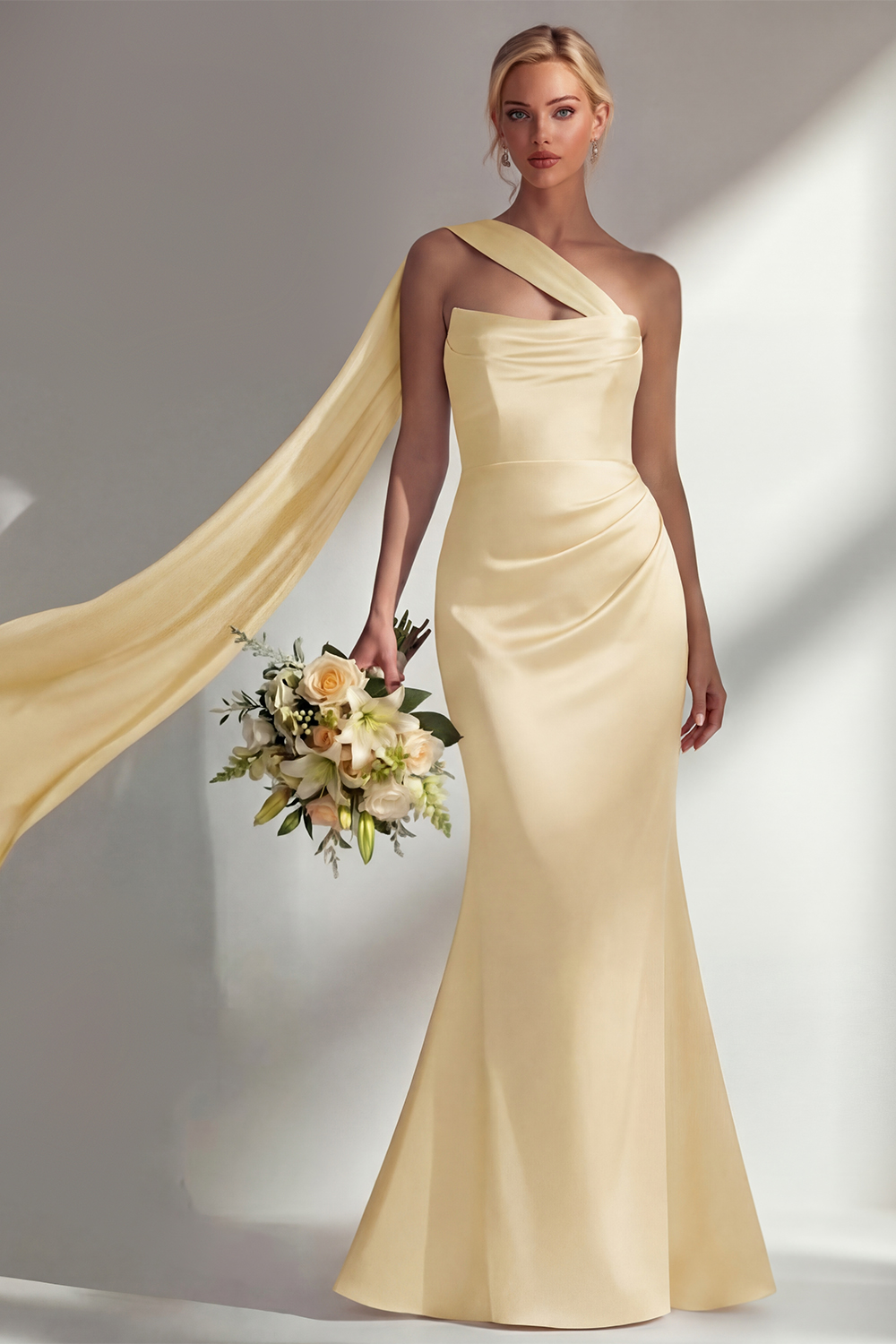 Elegant Burgundy Mermaid Neck Scarf Ruched Long Satin Prom Dress