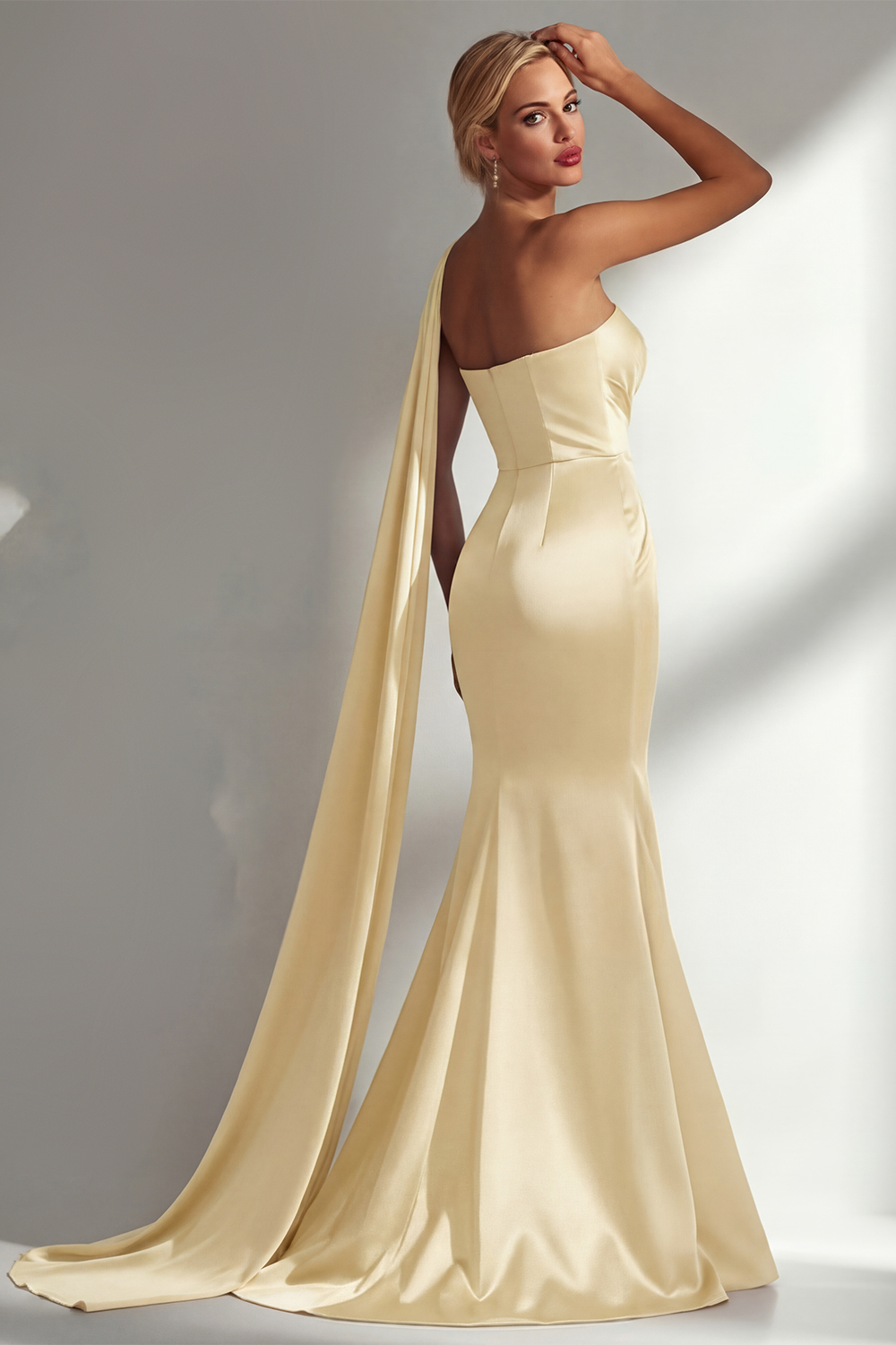 Elegant Burgundy Mermaid Neck Scarf Ruched Long Satin Prom Dress