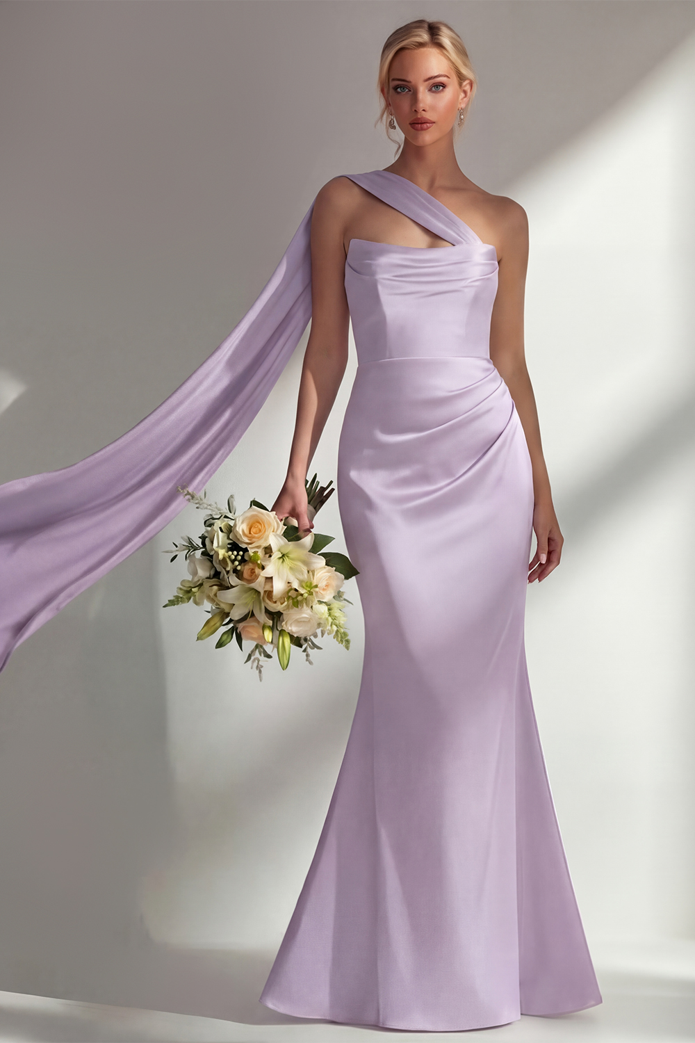 Elegant Burgundy Mermaid Neck Scarf Ruched Long Satin Prom Dress