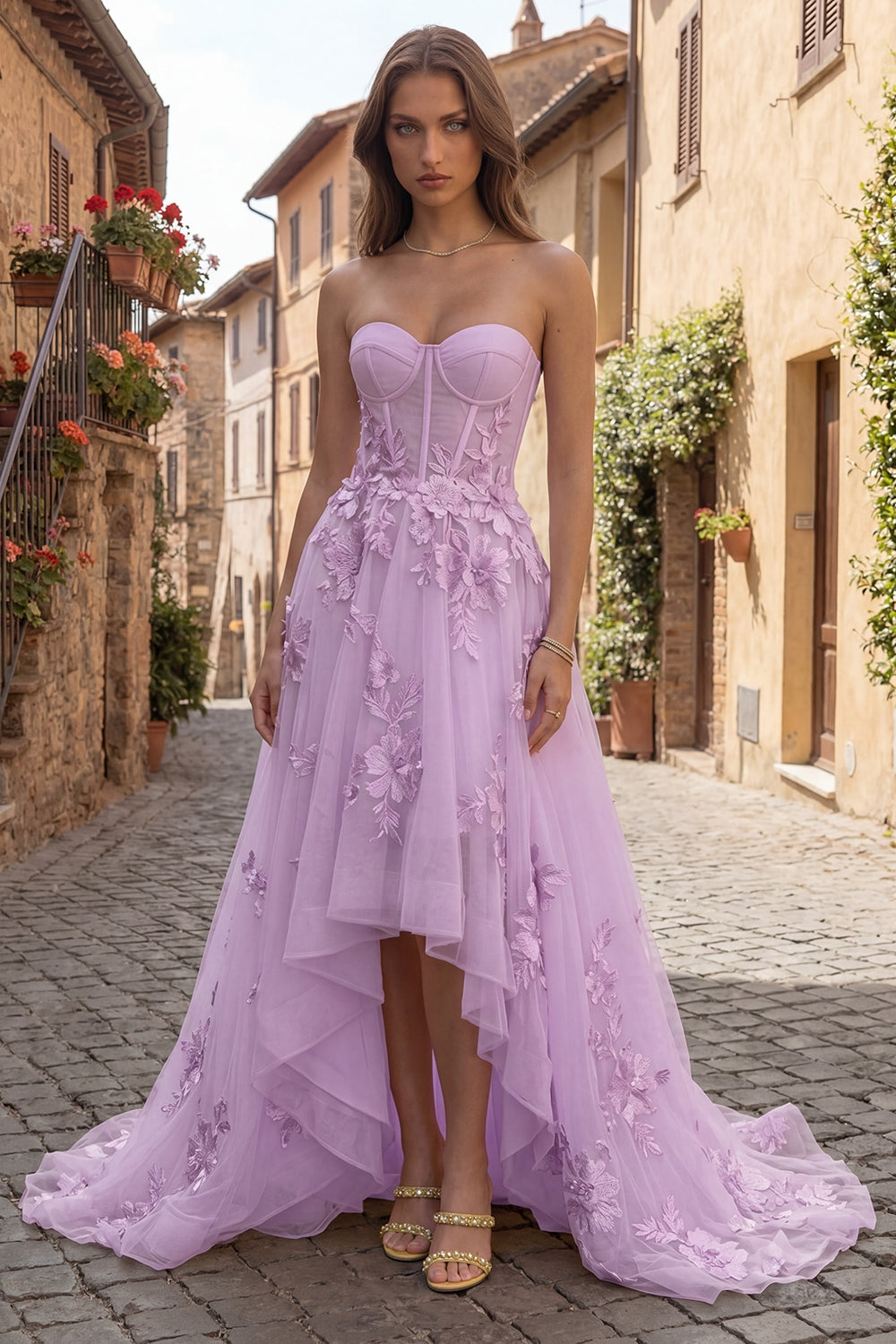 Yellow A Line Corset Floral Strapless High-Low Prom Dress with Ruffles