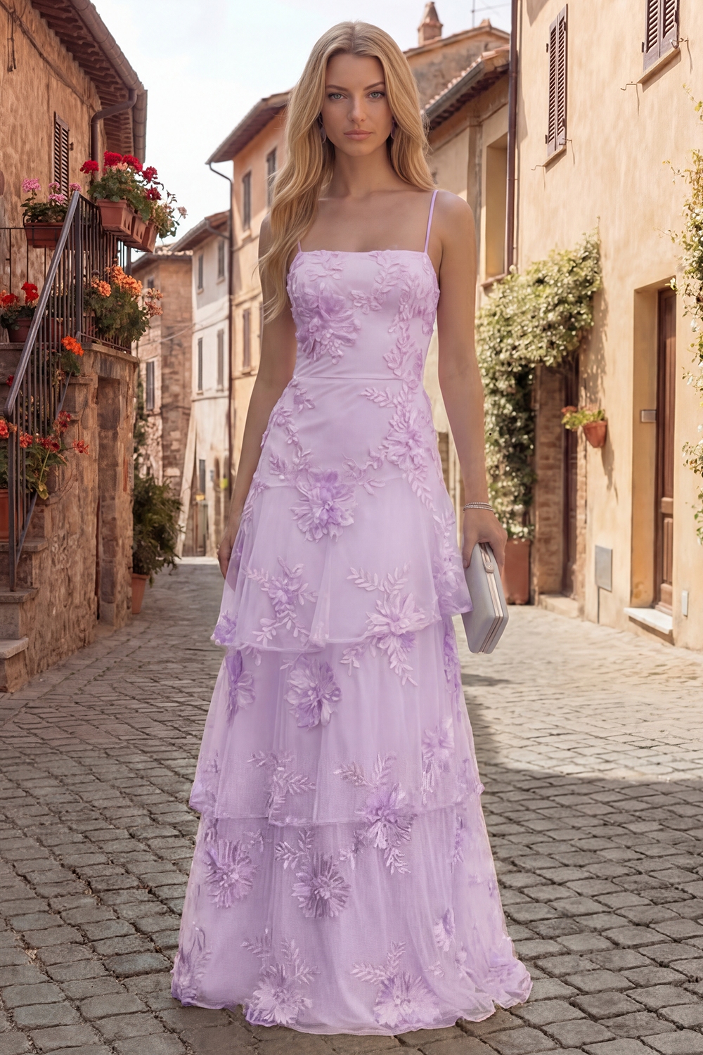 Yellow Spaghetti Straps Floral Long A Line Prom Dress with Ruffles