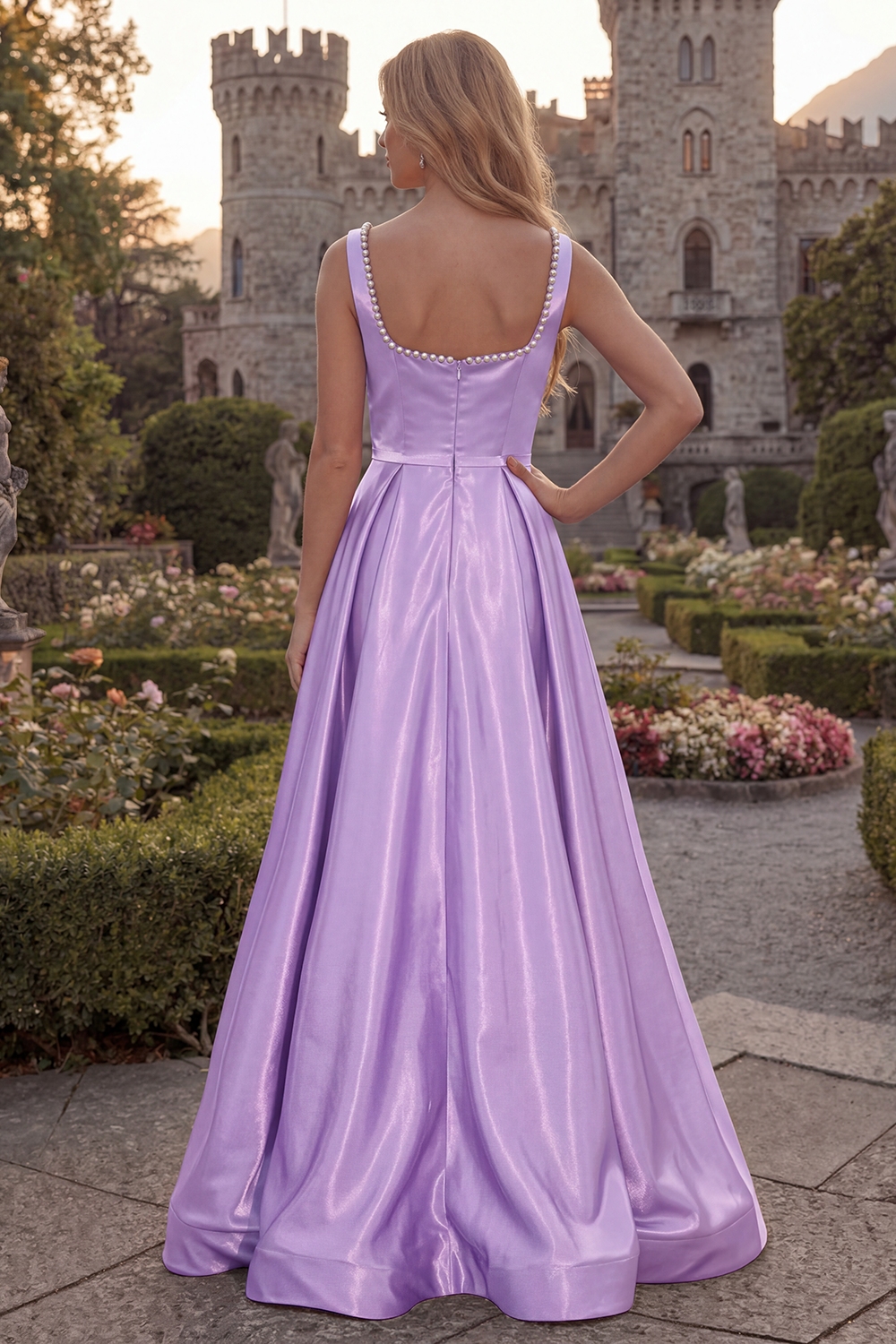 Simple Burgundy Square Neck A Line Long Prom Dress with Pearls