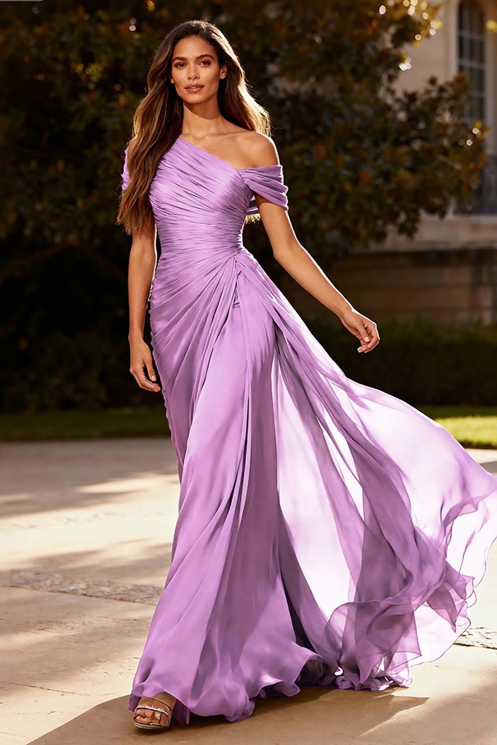 Dusty Sage One Shoulder Chiffon Ruched Long Formal Dress with Side Cape