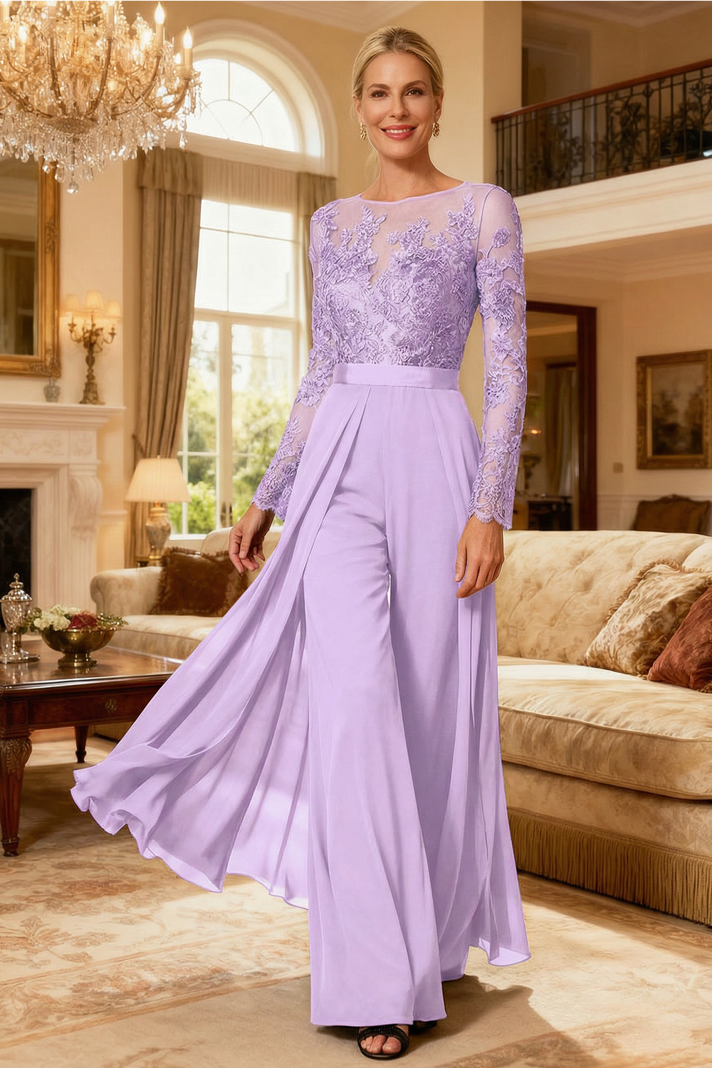 Black Illusion Neck Chiffon Mother of the Bride Pant Suits with Side Cape