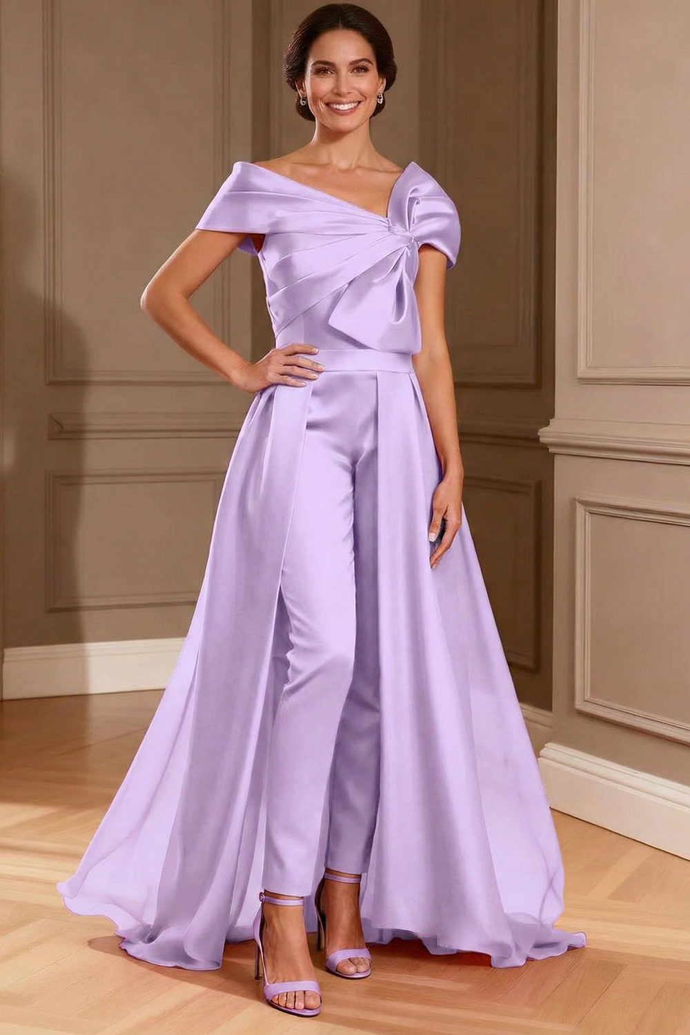 Fuchsia Satin Asymmetrical Neck Mother of the Bride Jumpsuits with Cape