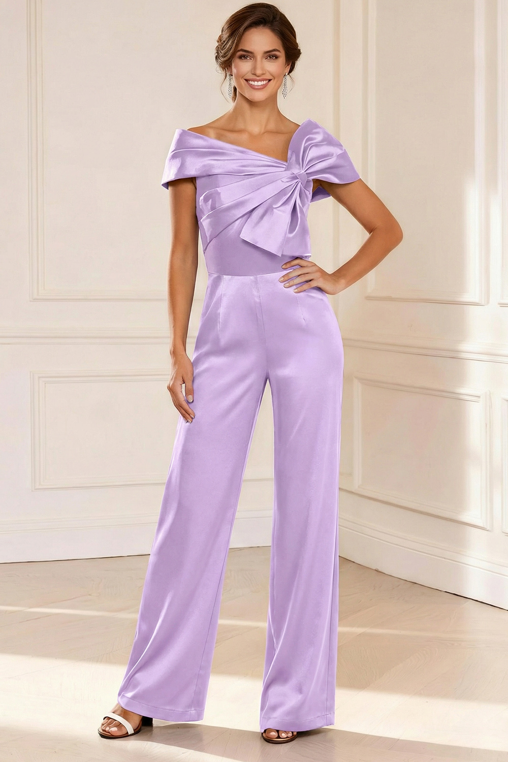 Black Asymmetrical Neck Satin Mother of the Bride Jumpsuits