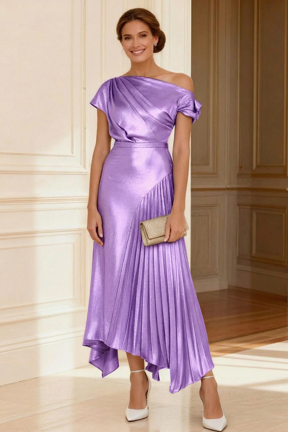 Silver A Line Asymmetrical Neck Pleated Ankle-Length Mother of the Bride Dress