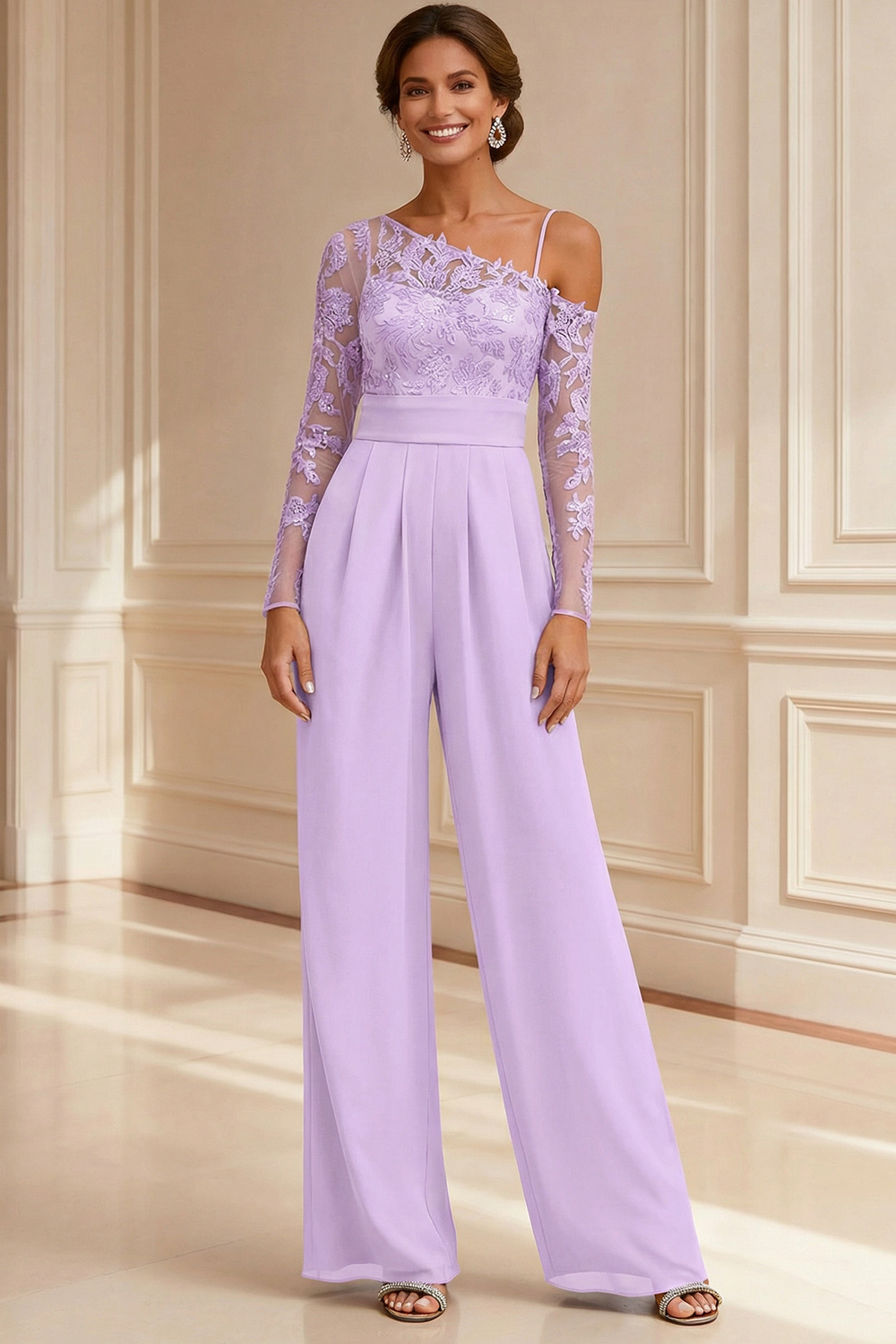 Sparkly Navy Beaded Asymmetrical Neck Mother of the Bride Jumpsuits with Lace