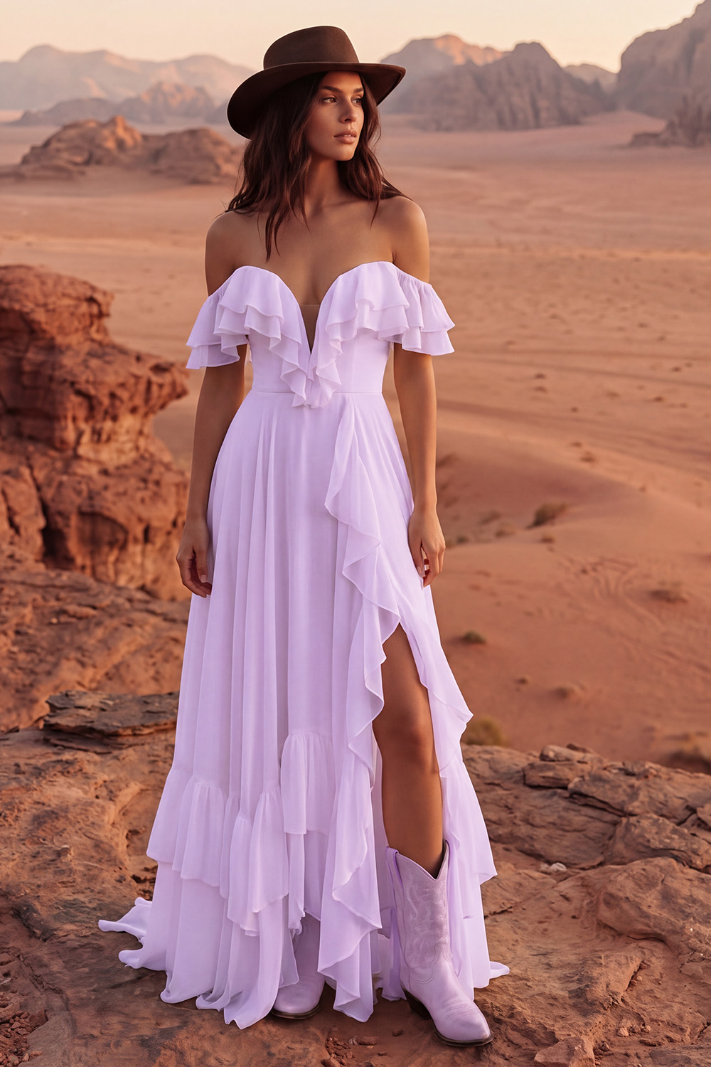 Ivory A Line Off the Shoulder Maxi Beach Engagement Dress with Ruffles