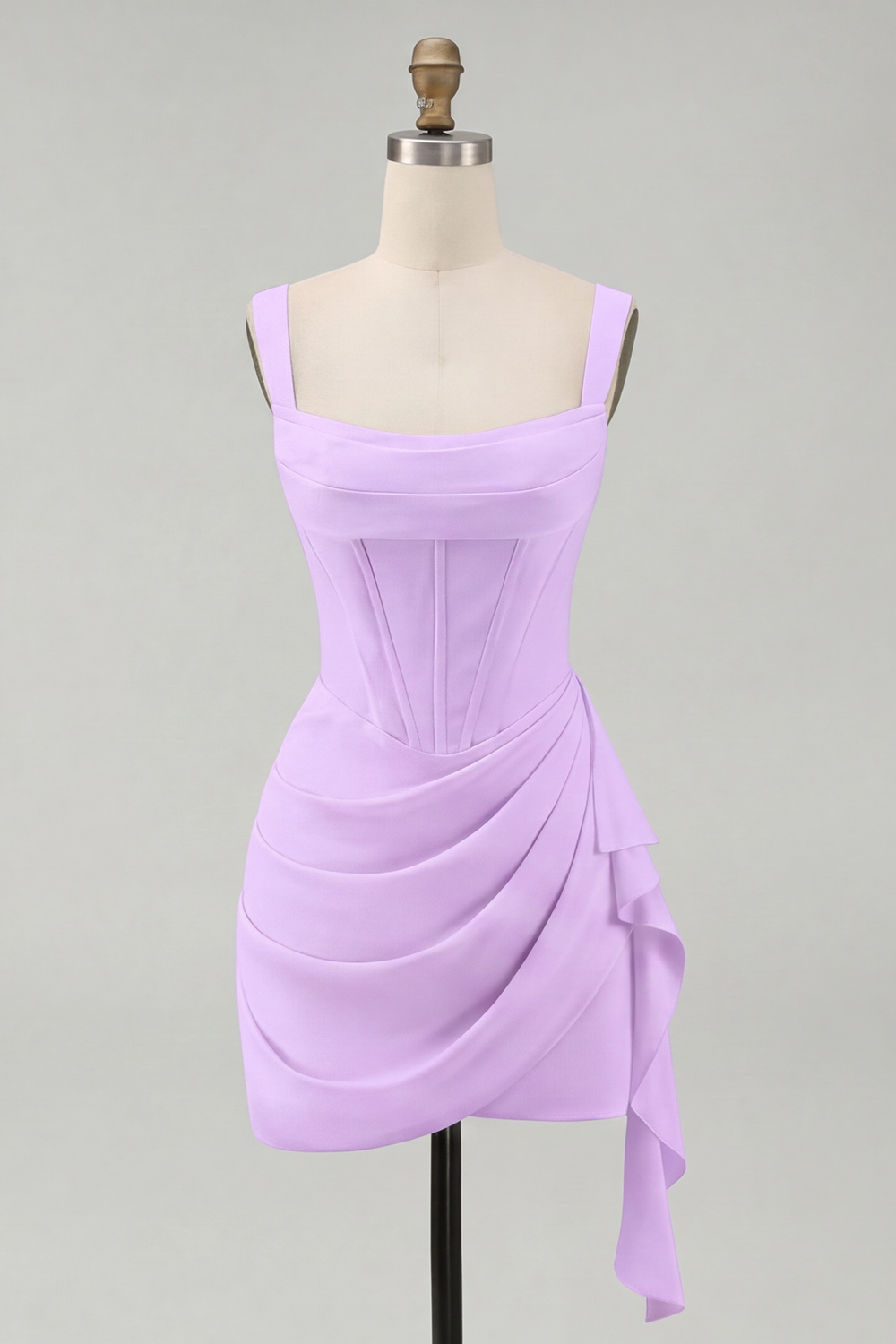 Cute Ivory Corset Satin Thick Straps Ruched Short Graduation Dress with Ruffles