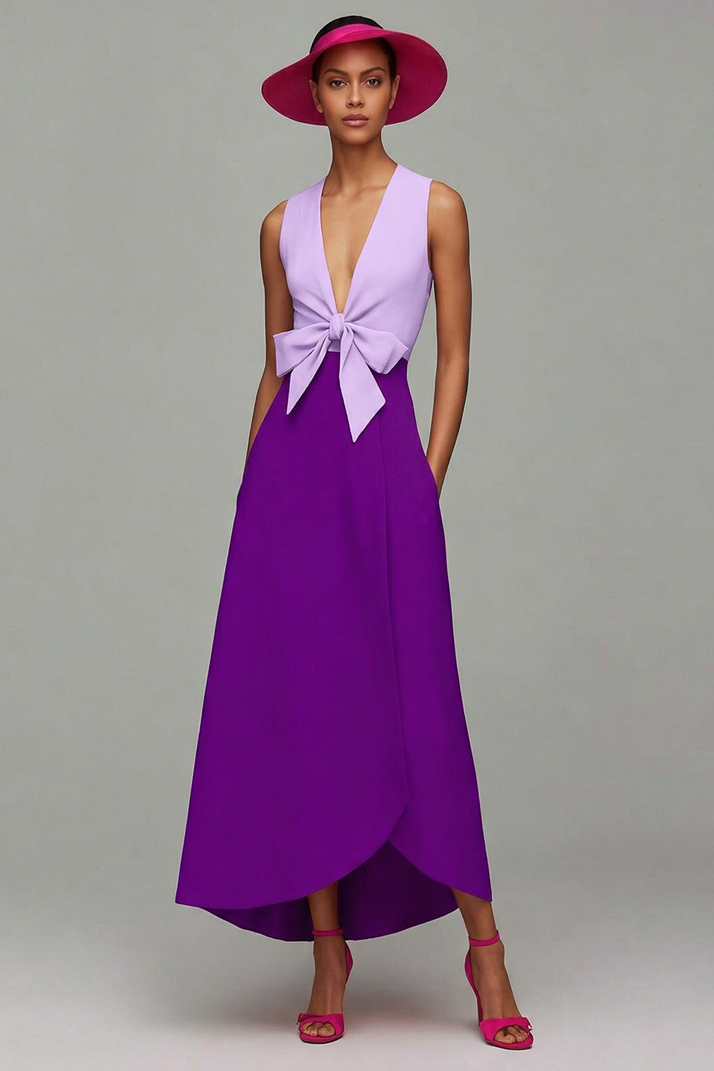 Orange and Fuchsia Deep V-Neck Long Pageant Dress with Bow