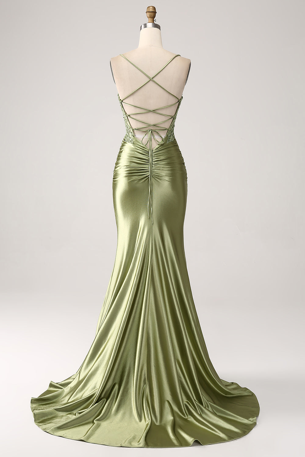 Sage Spaghetti Straps Satin Mermaid Long Prom Dress with Appliques