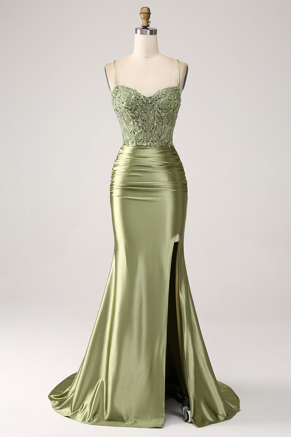 Sage Spaghetti Straps Satin Mermaid Long Prom Dress with Appliques
