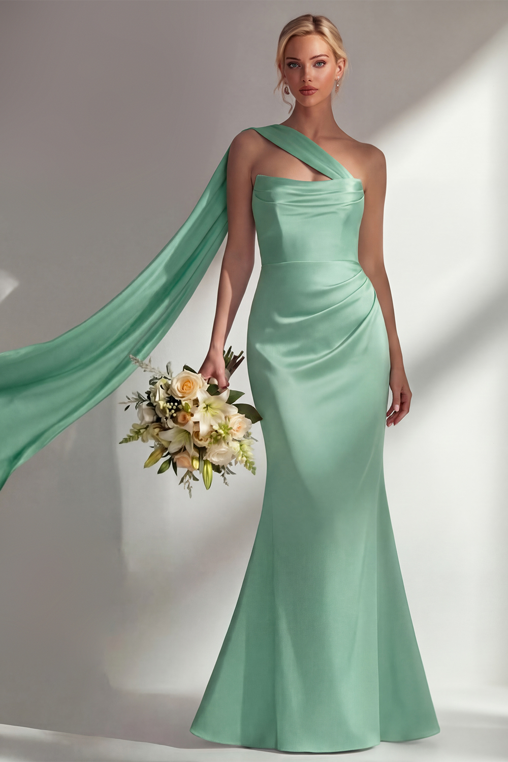 Elegant Burgundy Mermaid Neck Scarf Ruched Long Satin Prom Dress