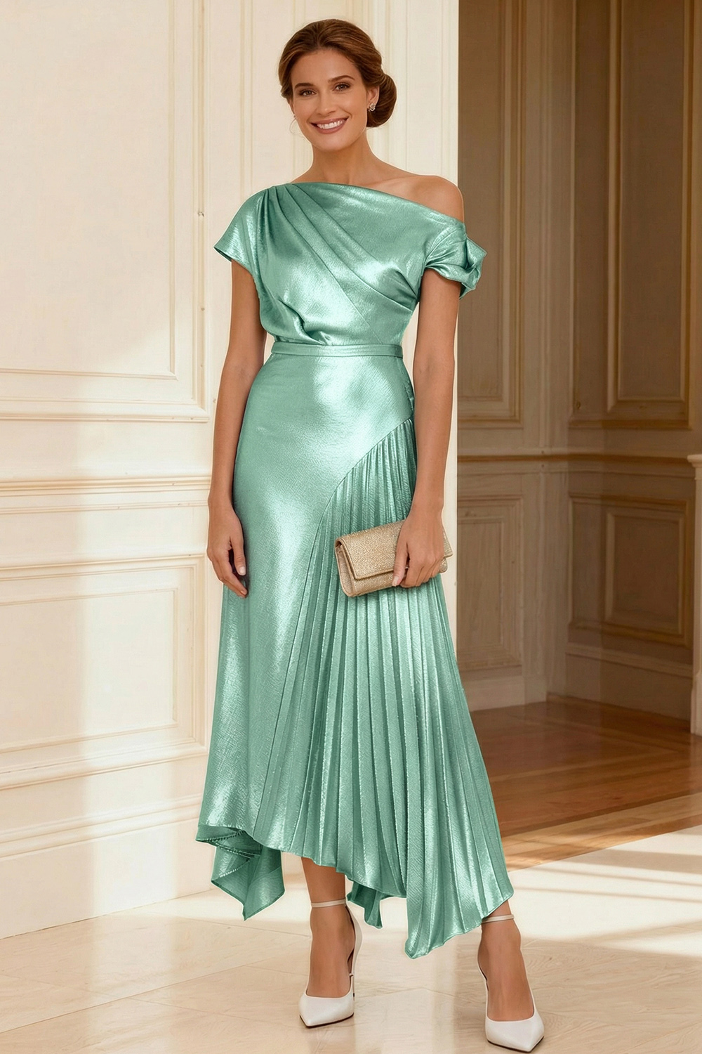 Silver A Line Asymmetrical Neck Pleated Ankle-Length Mother of the Bride Dress