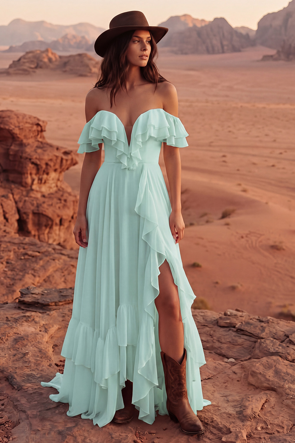 Ivory A Line Off the Shoulder Maxi Beach Engagement Dress with Ruffles