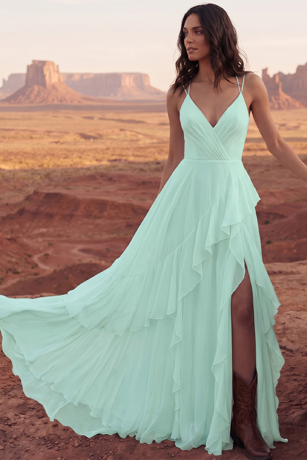 A Line Ivory Sweep Train Ruffled V-Neck Ruched Beach Wedding Reception Dress with Slit
