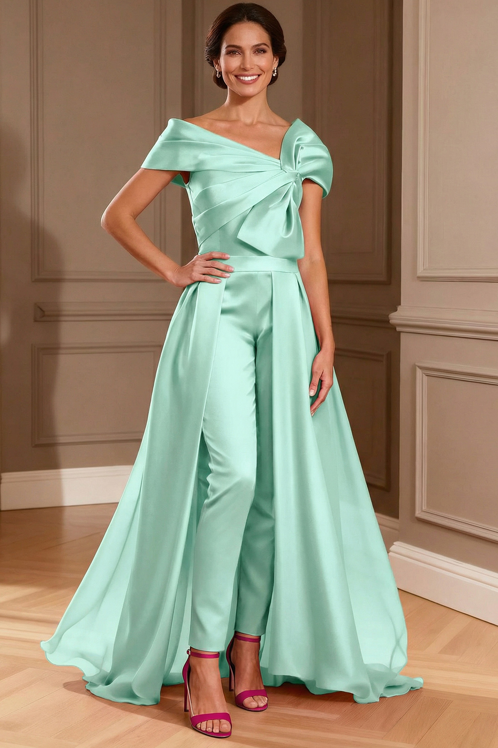 Fuchsia Satin Asymmetrical Neck Mother of the Bride Jumpsuits with Cape