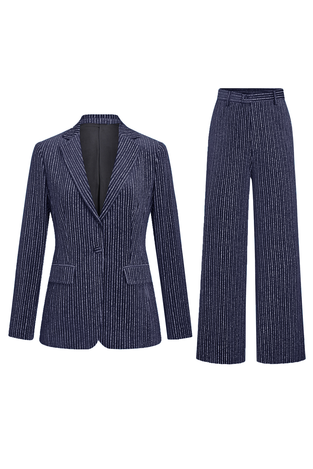 Ink Blue Notched Lapel Velvet Stripes Slim Fitted 2 Pieces Women Suits
