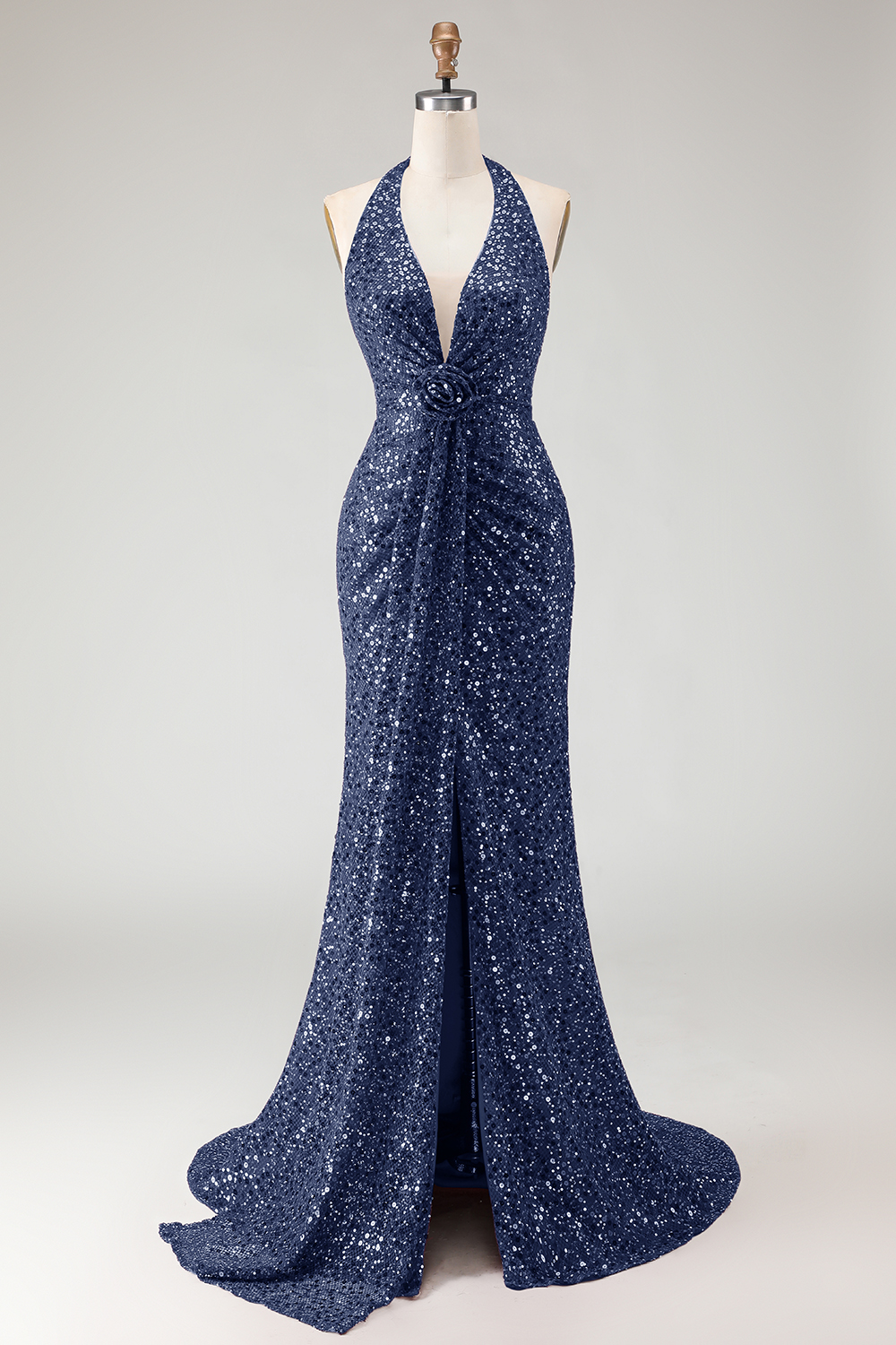 Sparkly Burgundy Sequin Halter Long Mermaid Prom Dress with Slit