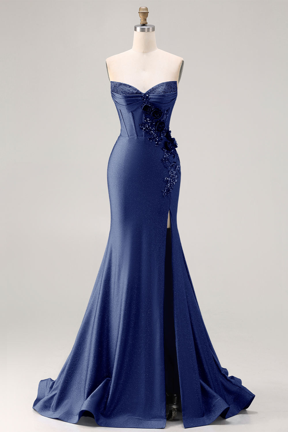 Sparkly Royal Blue Corset Satin Long Mermaid Prom Dress with Appliques