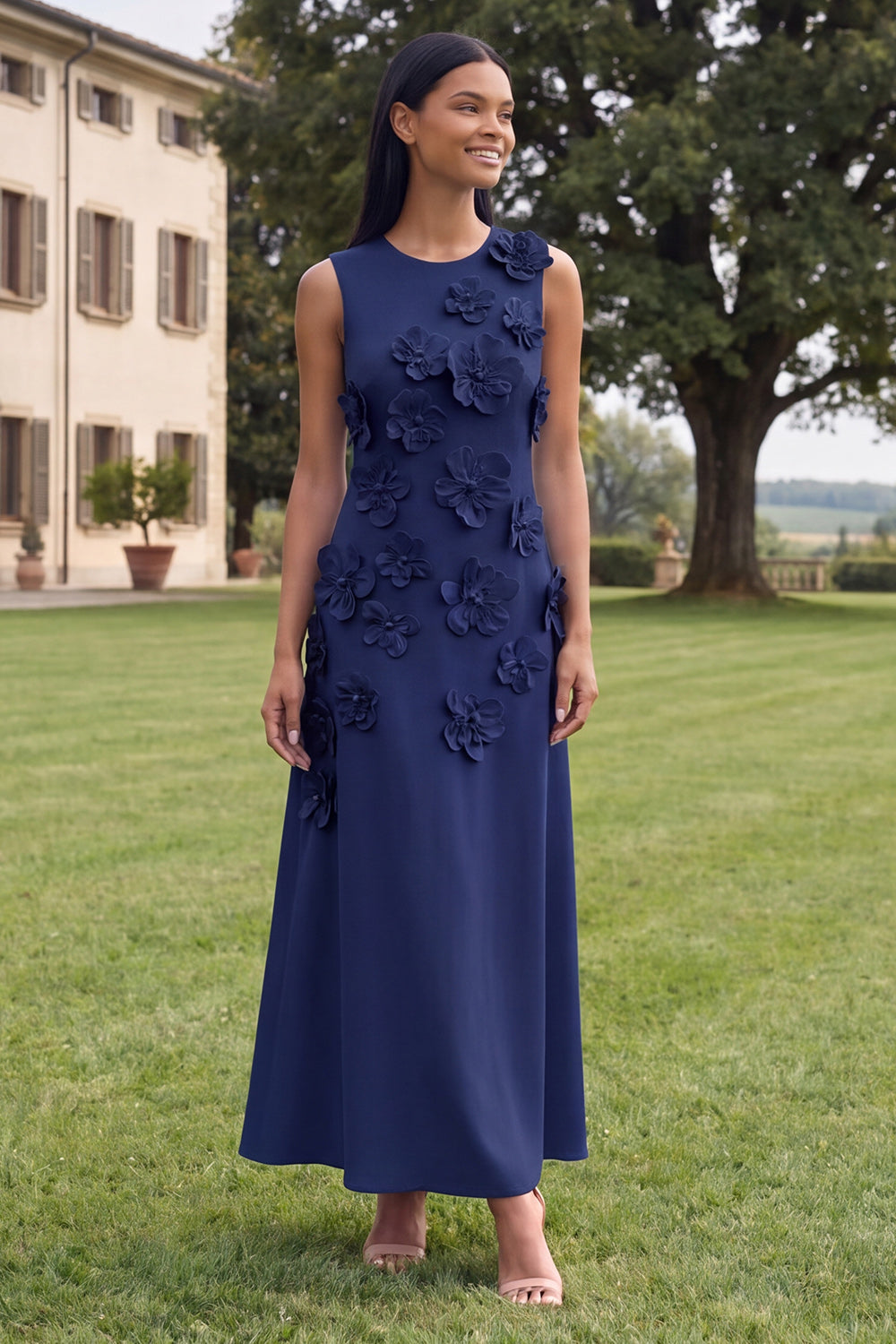 A Line Round Neck Yellow Floral Maxi Formal Dress