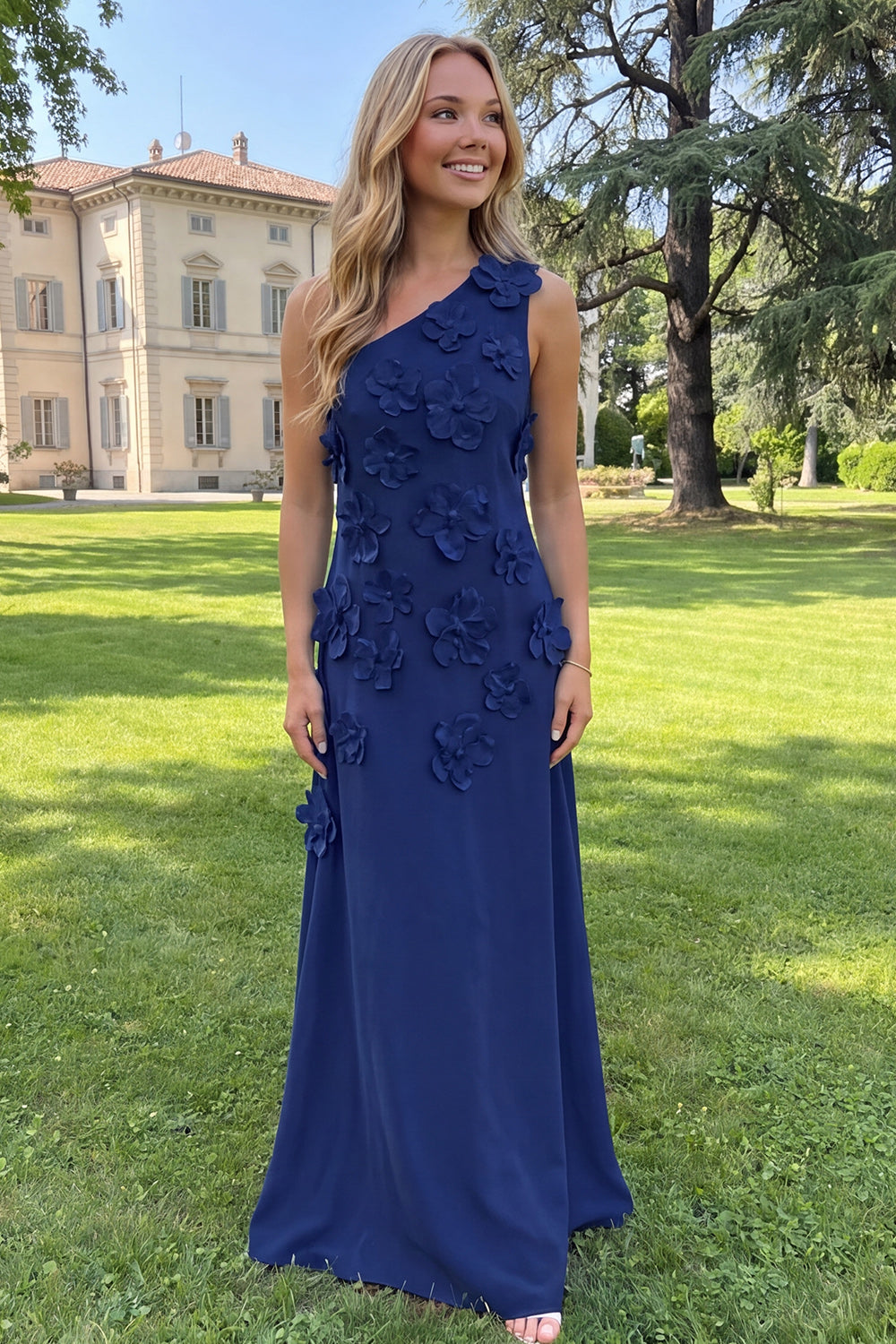 Floral Yellow Sheath One Shoulder Maxi Formal Dress