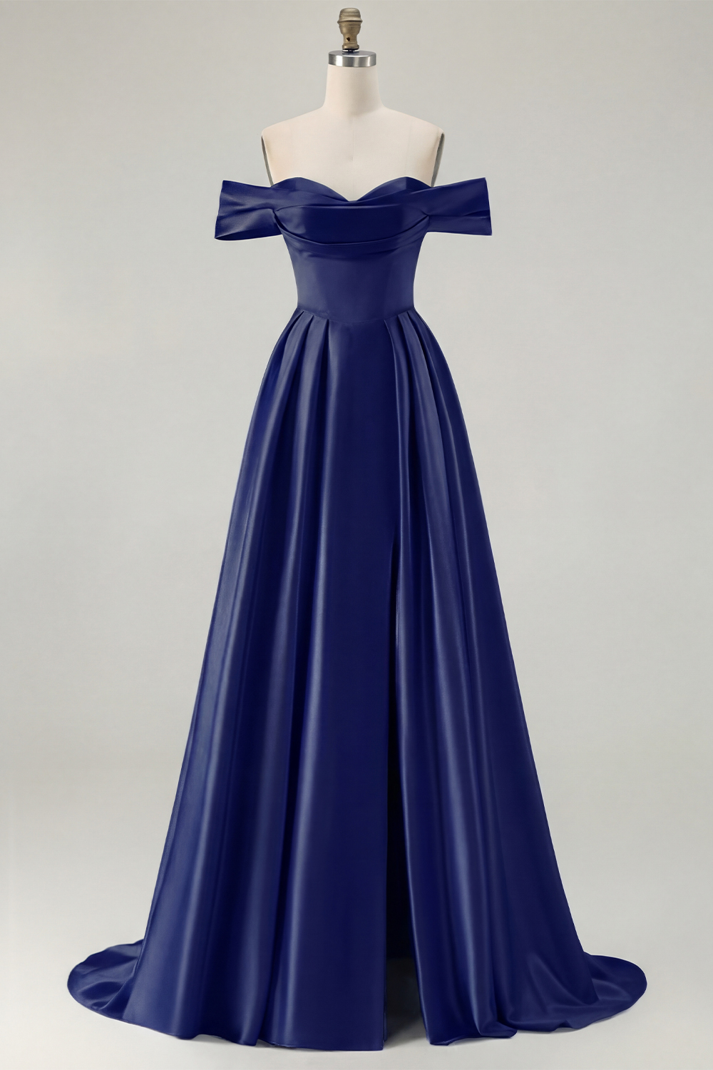 Blue A Line Off the Shoulder Long Satin Prom Dress with Slit