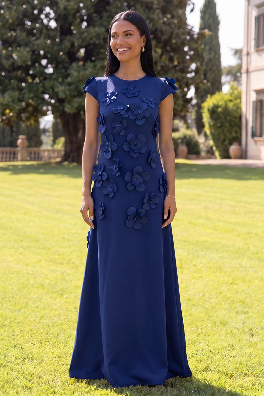 Navy A Line Floral Round Neck Long Formal Dress with Sleeves