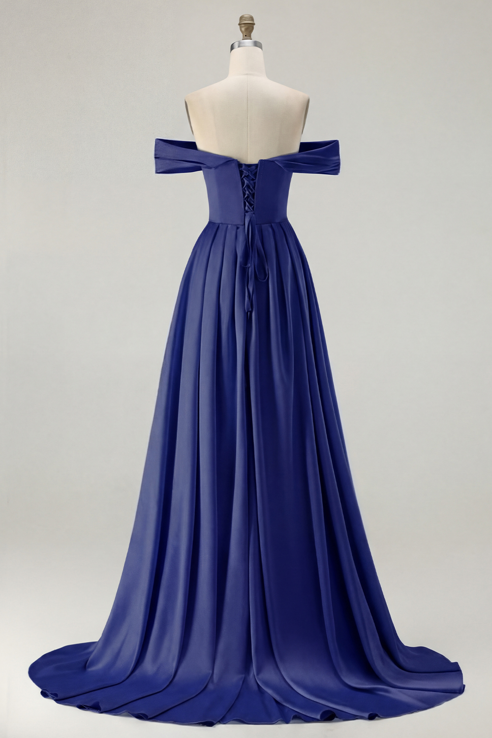 Blue A Line Off the Shoulder Long Satin Prom Dress with Slit