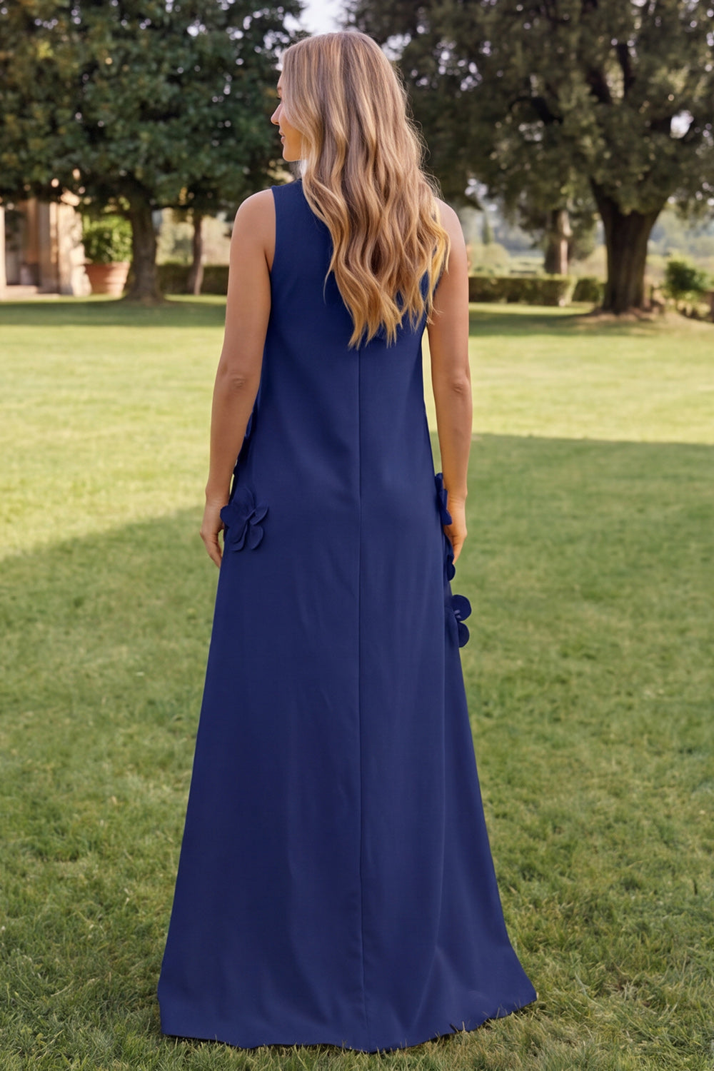 Blue Floral A Line High Neck Long Formal Dress