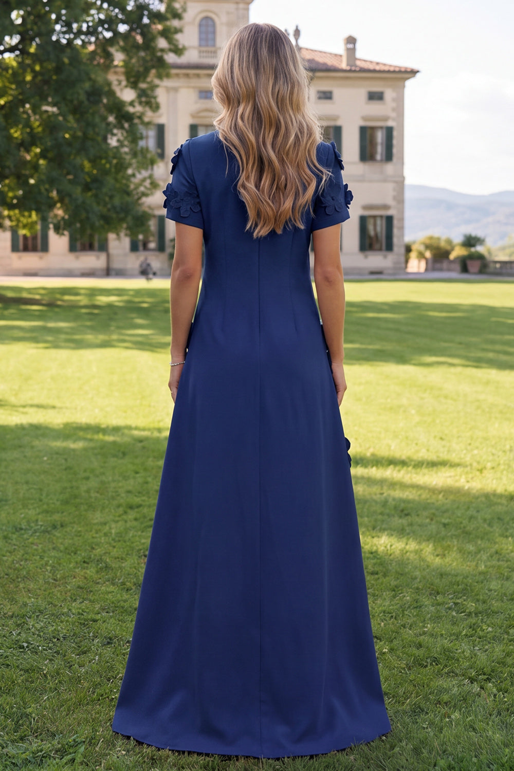 Floral Round Neck Blue A Line Long Formal Dress with Sleeves