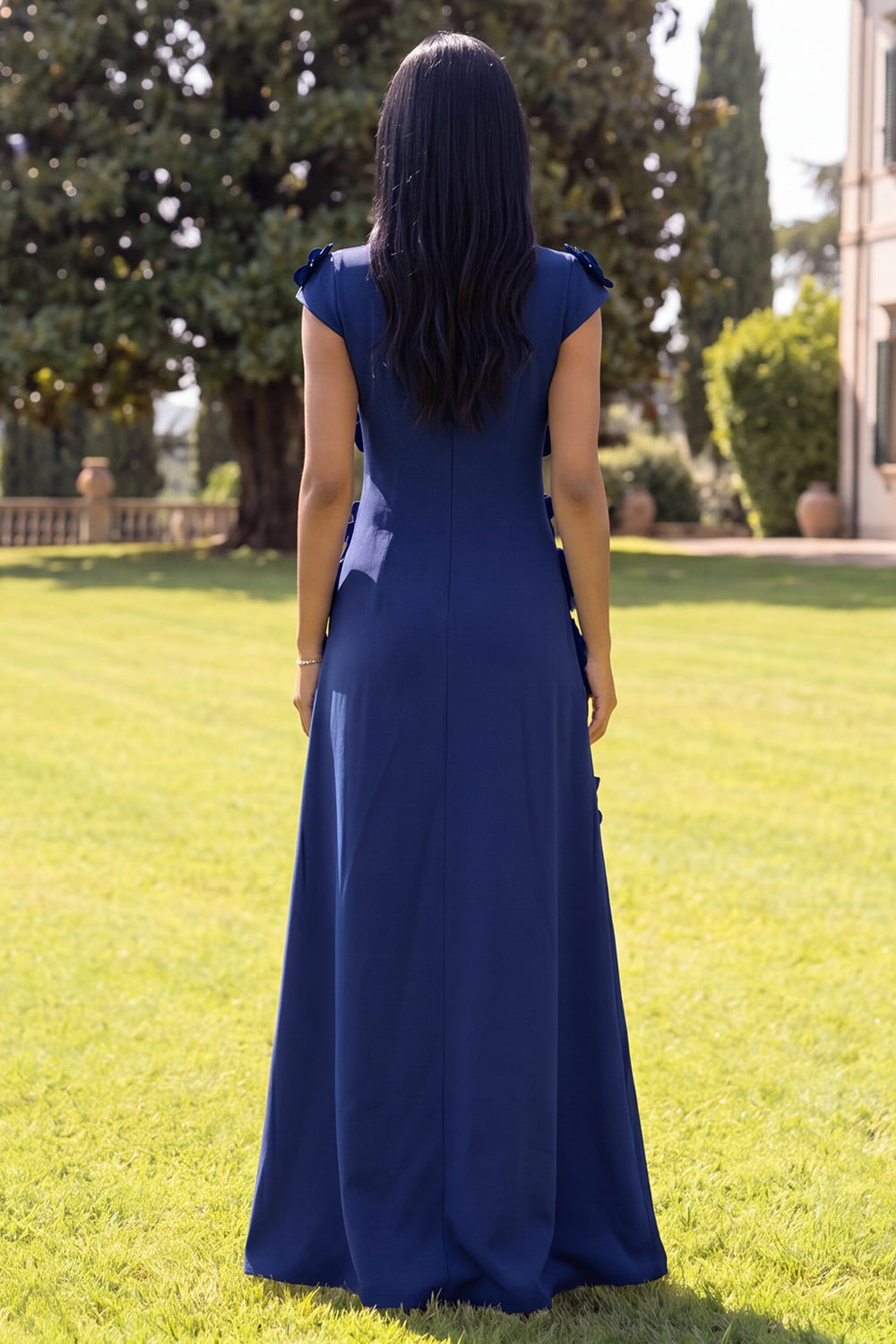 Navy A Line Floral Round Neck Long Formal Dress with Sleeves
