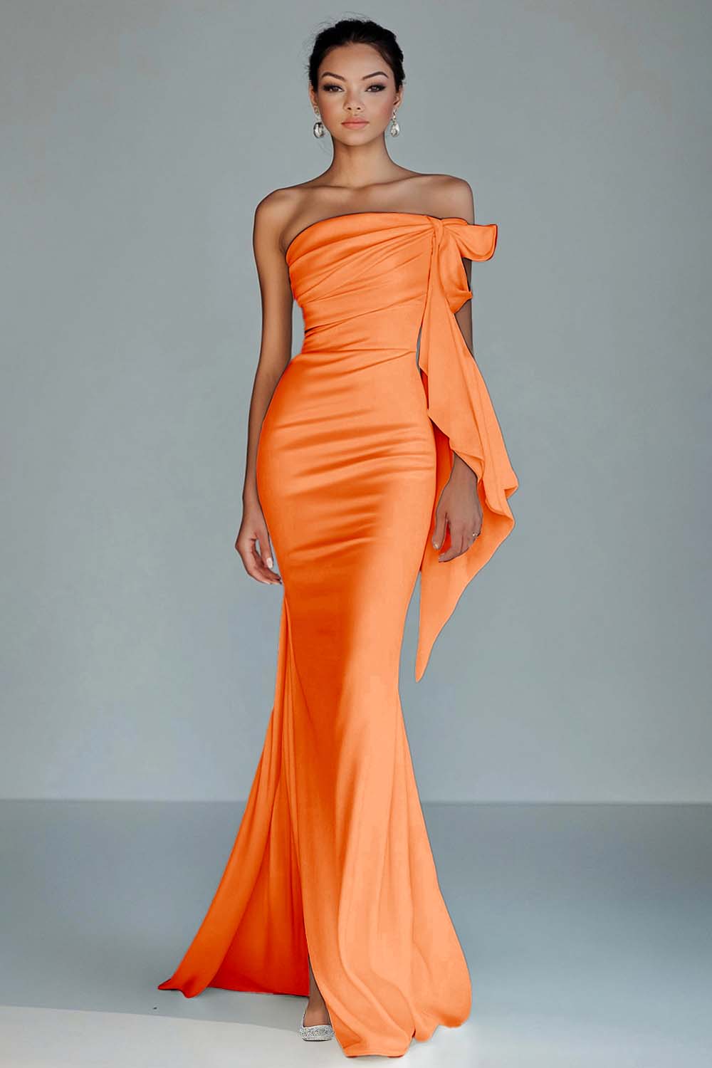 Elegant Black Sheath Strapless Long Satin Formal Dress with Slit