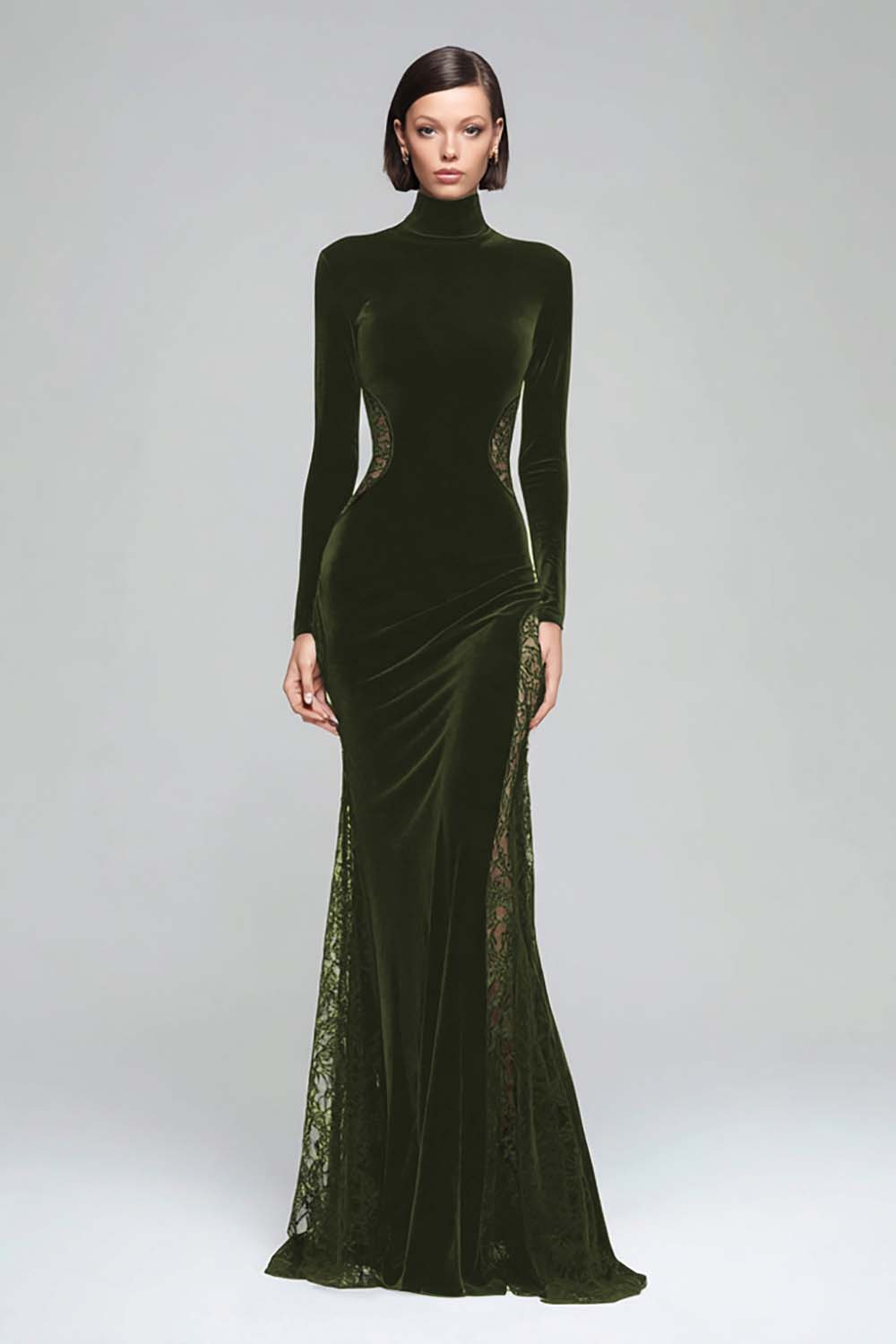 Modest Black Mermaid High Neck Velvet Long Sleeve Formal Dress with Lace