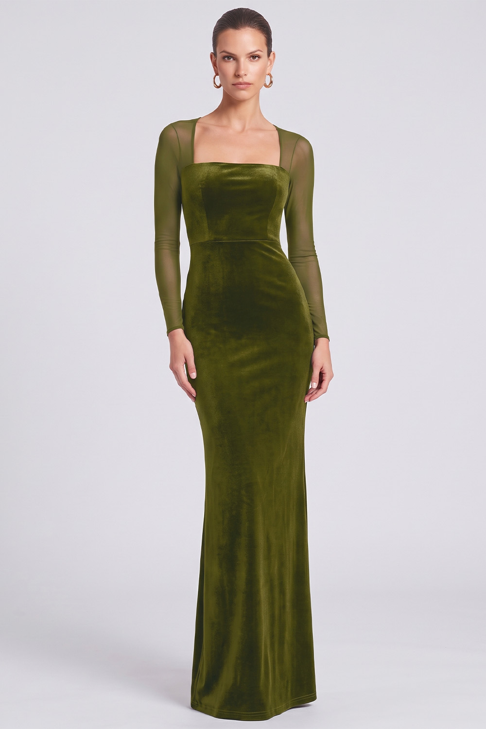 Dark Green Sheath Velvet Square Neck Long Sleeves Holiday Party Dress