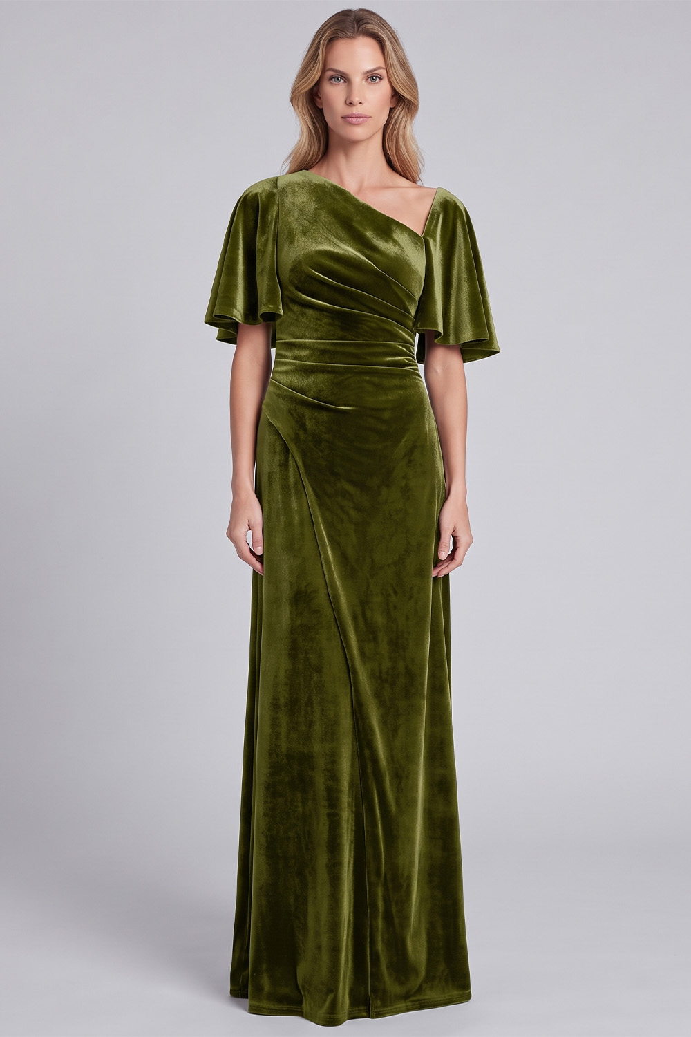 Dark Grey Sheath Asymmetrical Neck Velvet Ruched Long Holiday Party Dress