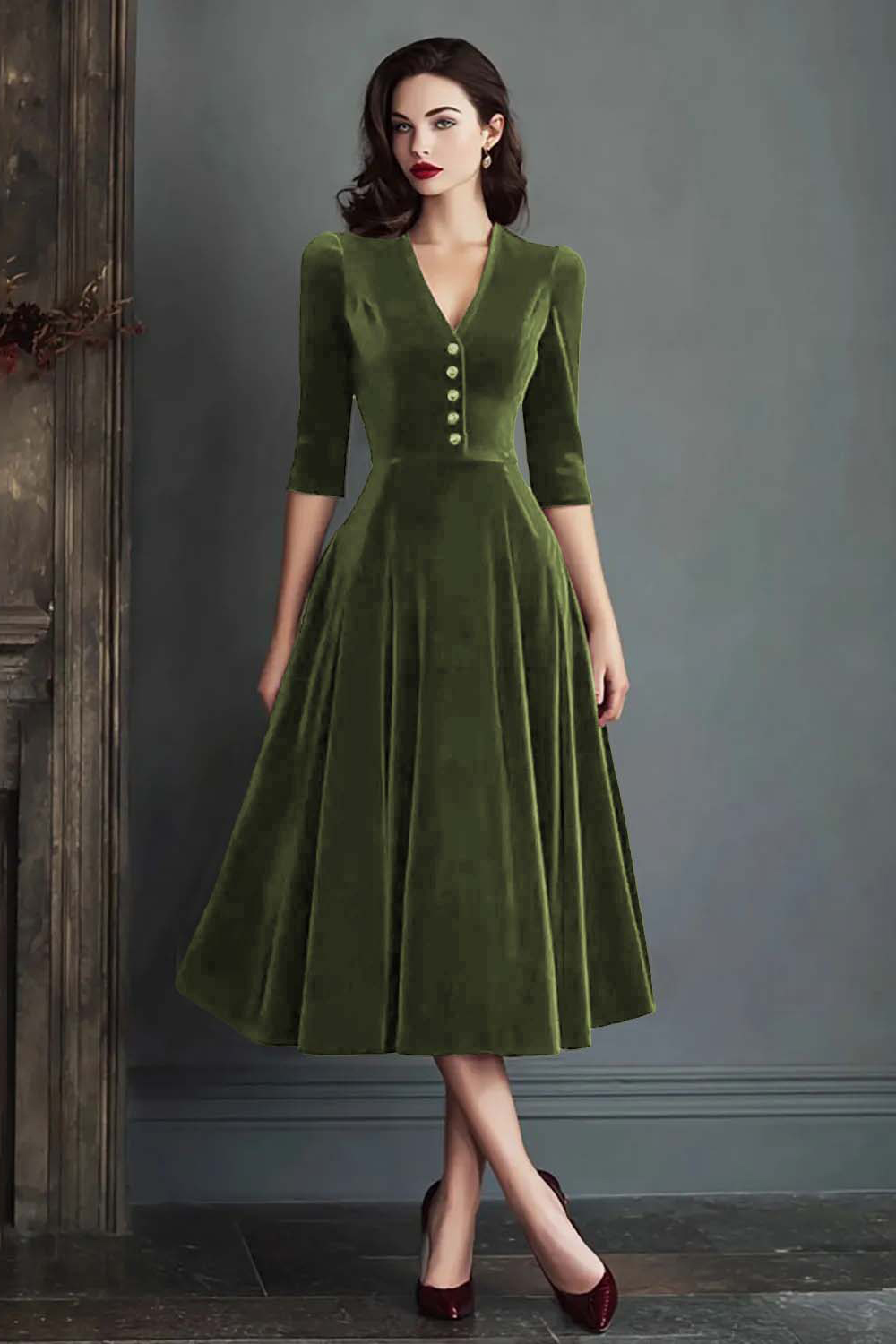 Burgundy Velvet A-Line V-Neck Midi Holiday Party Dress