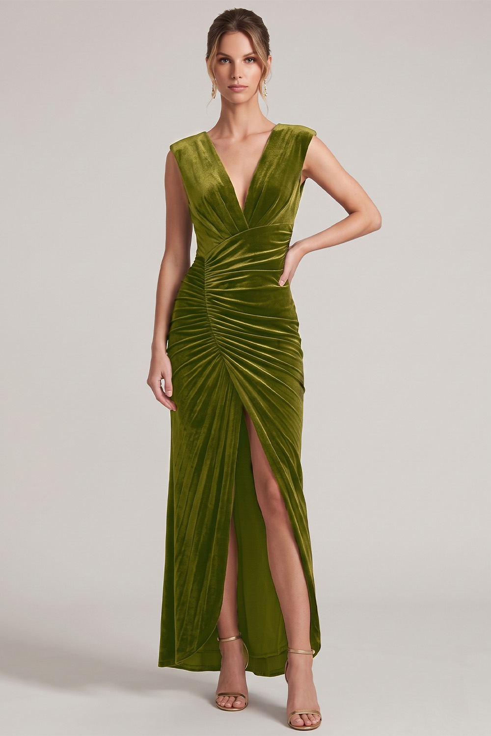 Dark Green Velvet Sheath V-Neck Ruched Maxi Holiday Dress with Slit