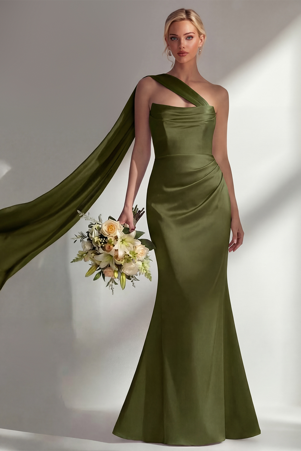 Elegant Burgundy Mermaid Neck Scarf Ruched Long Satin Prom Dress