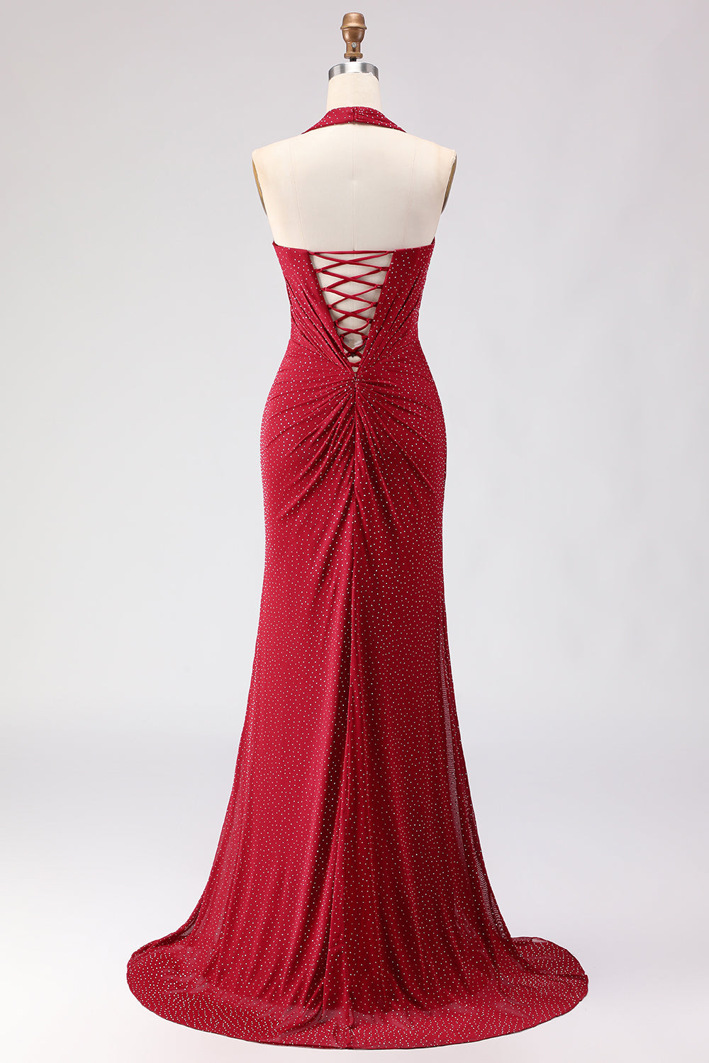 Sparkly Dark Red Beaded Halter Ruched Long Mermaid Prom Dress with Slit