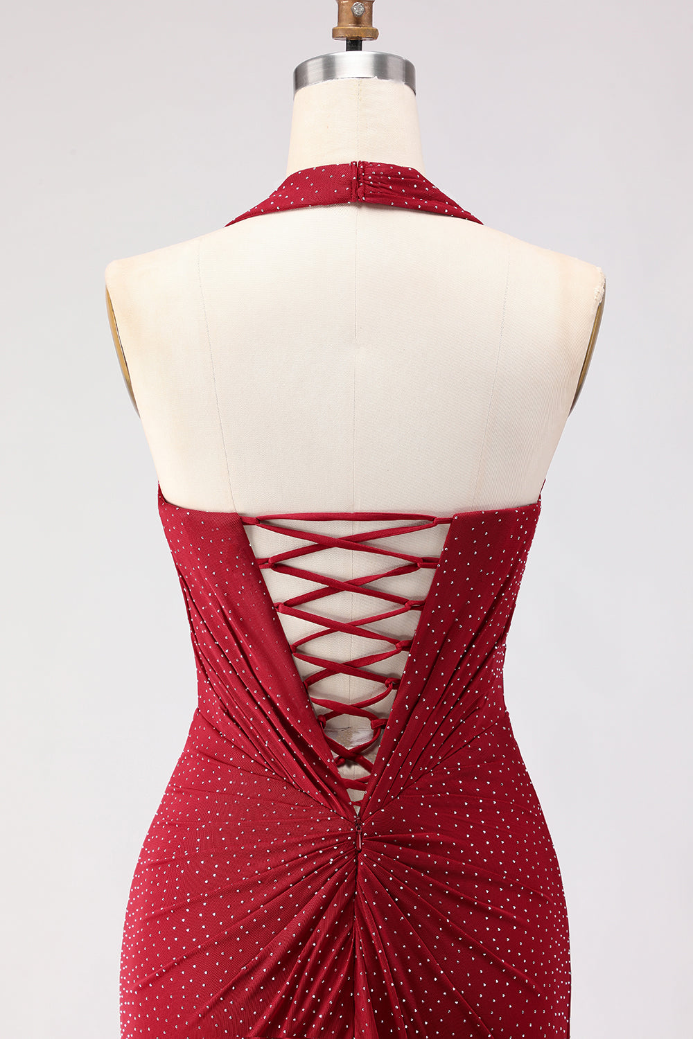 Sparkly Dark Red Beaded Halter Ruched Long Mermaid Prom Dress with Slit