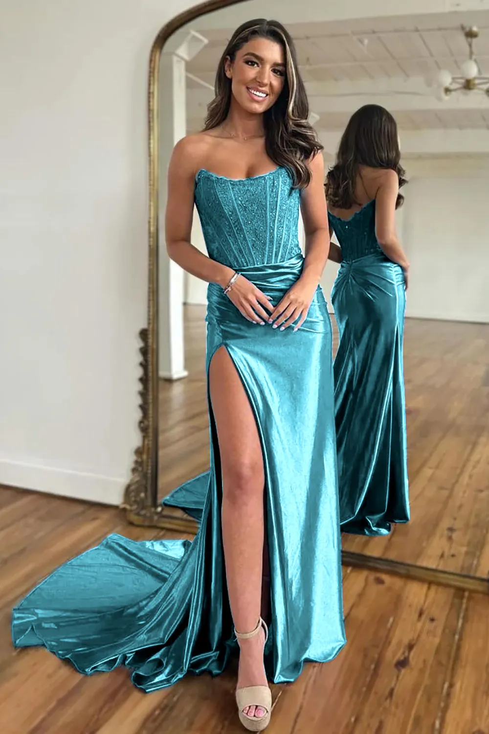 [Copy]Navy Mermaid Sweetheart Long Corset Prom Dress with Slit